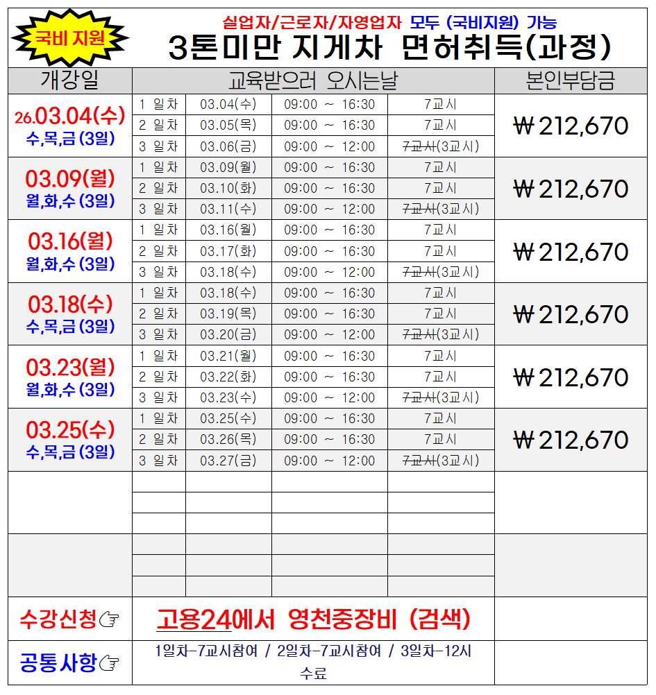 3톤미만 지게차 면허취득 (국비개강)일정